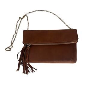 Moda Luxe Cognac Faux Leather Foldover Clutch with Tassel and Chain Strap